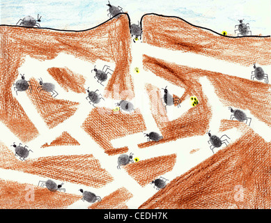 Komplexen Ant Tunneln aus Kreide, Bleistift, Tusche und Daumen Drucke erstellt Stockfoto