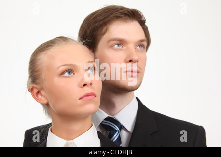 nach oben schauen junge Geschäftsfrau und Geschäftsmann Stockfoto