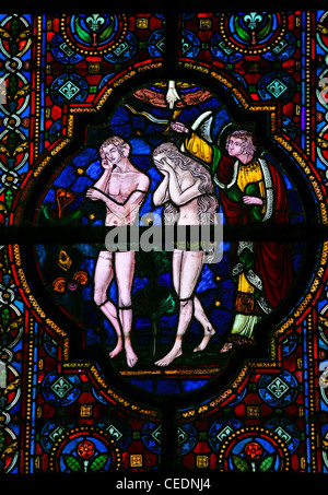 Vertreibung von Adam und Eva aus dem Paradies, Glasfenster in der Kirche von Dinant, Belgien Stockfoto