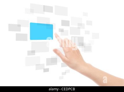 Frau Hand mit Touch-Screen-Oberfläche. Isoliert auf weiss. Stockfoto