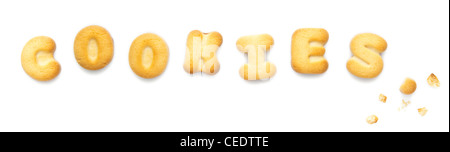 Internet-Konzept - gemacht Wort COOKIES von echten Cookies, isoliert auf weißem Hintergrund Stockfoto