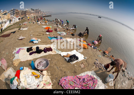 Indien, Uttar Pradesh, Varanasi, Dhobi Ghat, Männer Waschen Wäsche im Fluss Ganges Stockfoto