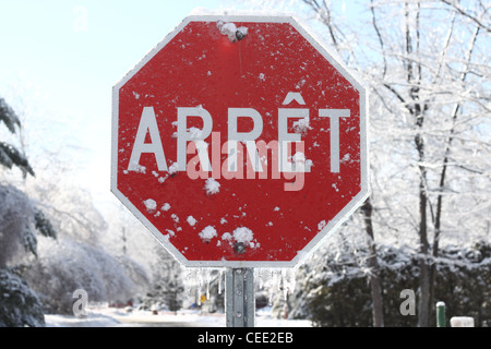 Französische Stoppschild in Schnee und Eis bedeckt Stockfoto