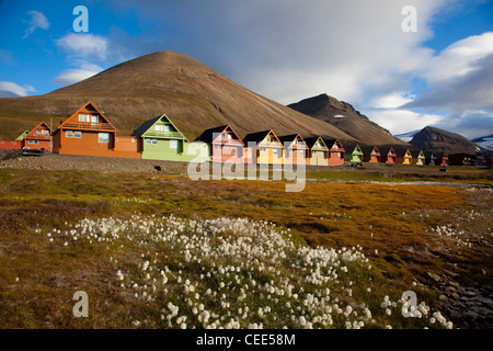 Holzhäuser in Longyearbyen, die größte Siedlung der Inselgruppe Svalbard, Norwegen. Stockfoto