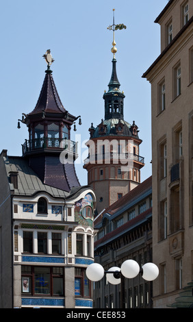 Leipzig, Riquethaus Und Nikolaikirchturm Stockfoto