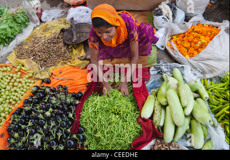 Frau, Verkauf von Gemüse und Blumen auf dem Markt, Jaipur, Rajasthan, Indien Stockfoto