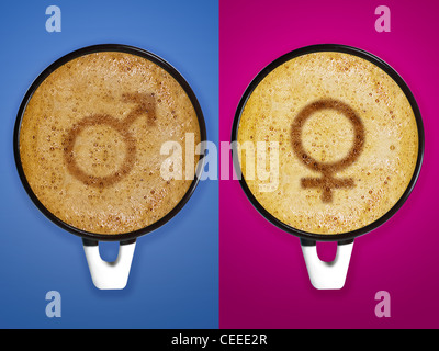 Valentinstag, Kaffee Kunst, eine Tasse Cappuccino mit männlichen und weiblichen Zeichen auf rosa und blauen Hintergrund. Stockfoto