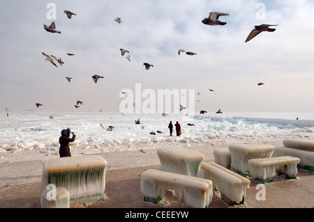 Gefrorene Cafe, ein seltenes Phänomen, Odessa, Ukraine, Osteuropa. Stockfoto