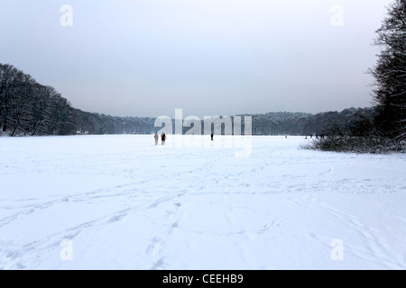 Blick auf den zugefrorenen See Schlachtensee in Berlin, Deutschland, mit Menschen zu Fuß auf dem See in der Ferne. Stockfoto