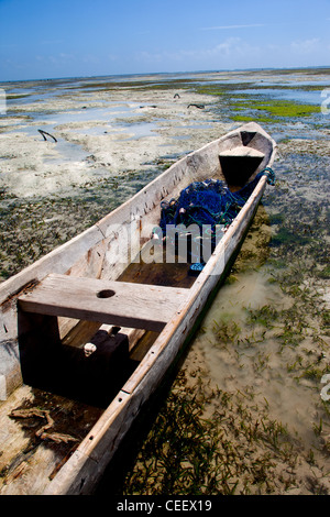 Blaues Fischernetz im unteren Teil einer hölzernen Dhau bei Ebbe aus dem Korallenriff in Bwejuu, Sansibar, Tansania Stockfoto