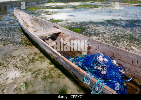 Blaues Fischernetz im unteren Teil einer hölzernen Dhau bei Ebbe aus dem Korallenriff in Bwejuu, Sansibar, Tansania Stockfoto