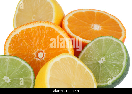 Orangen, Zitronen, Limetten, Zitrusfrüchte als Hintergrund auf weiß Stockfoto