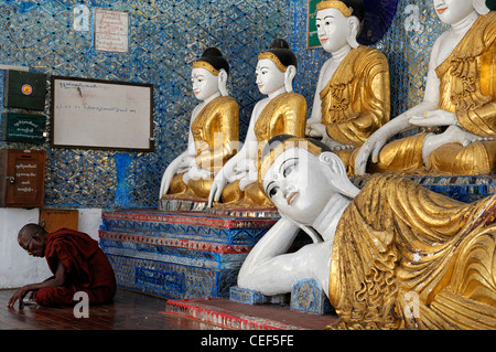 rote Roben buddhistischer Mönch Lese lesen, meditieren Meditation Shwedagon Pagode Myanmar Burma Yangon Rangun historisches Denkmal Stockfoto