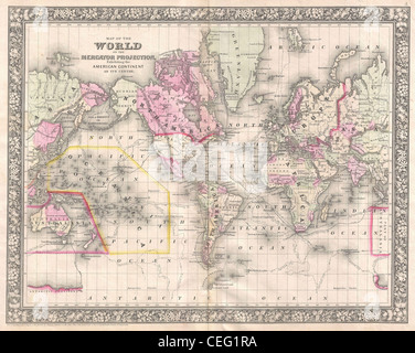 1866 Mitchell Weltkarte auf Mercator-Projektion Stockfoto