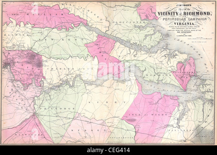 1862 Johnson Karte der Umgebung von Richmond und Halbinsel-Kampagne in Virginia Stockfoto