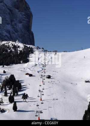 Die Sellaronda ist eine Skiroute, die rund um das massiv der Sella-Gebirgskette der Dolomiten in Italien zu Schleifen. Stockfoto