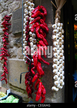 Paprika, Pimientos, hängenden, Trocknung, Knoblauch, Stockfoto