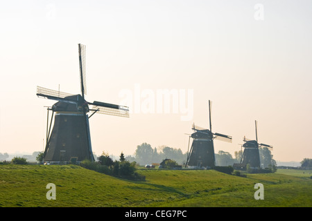 Drei historische Windmühlen nach Sonnenaufgang im niederländischen Landschaft - Wassermühlen verwendet, um das Wasser aus der Polder zu halten Stockfoto