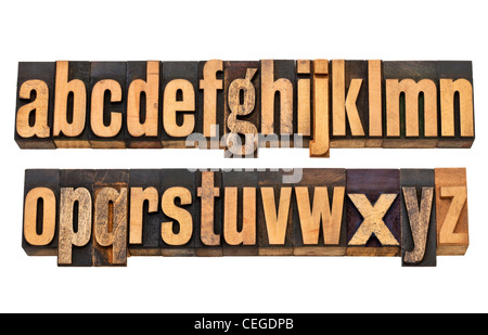 vollständige englische Alphabet, Kleinbuchstaben in zwei isolierte Reihen - Vintage Holz Buchdruck Druckstöcke Stockfoto