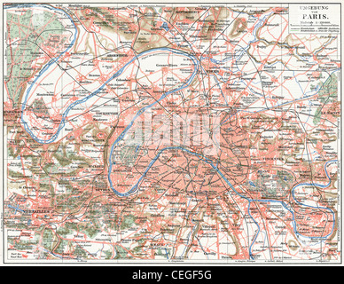 Karte von Paris und den Vororten. Veröffentlichung des Buches "Meyers Konversations-Lexikon", Band 7, Leipzig, Deutschland, 1910 Stockfoto