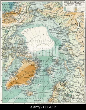 Nordpol. Karte des Meeres, der Inseln und Land um ihn herum. Stockfoto