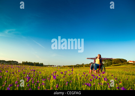 Glückliche behinderte Frau auf einen Rollstuhl über eine grüne Wiese Stockfoto