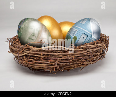 4 Eiern in ein Vogelnest, zwei goldene, mit einem Haus und der letzte mit kanadischen Währung. Stockfoto