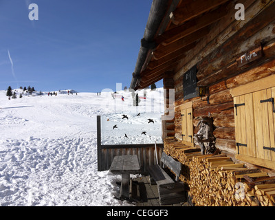 Kleine hölzerne Sommer Chalet auf der Loipe in den Dolomiten in der Nähe von Corvara und St. Kassian Stockfoto
