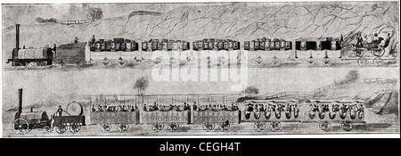 Ersten Personenwagen in Europa, 1830, George Stephenson´s Dampflokomotive auf der Liverpool nach Manchester Linie. Stockfoto