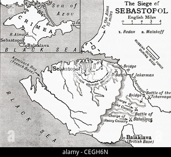 Karte der Belagerung von Sewastopol während des Krimkrieges 1854 bis 1855. Die Geschichte von England veröffentlicht 1930. Stockfoto