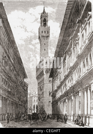 Die Uffizien, dem Palazzo Vecchio und Statuen auf der Piazza della Signoria, Florenz, Italien im späten 19. Jahrhundert. Stockfoto