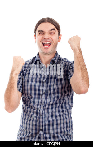 Happy begeistert erfolgreicher Geschäftsmann, isoliert auf weißem Hintergrund. Stockfoto