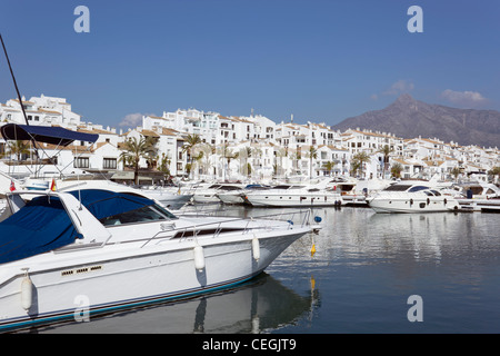 Luxus-Yachten vertäut am El Puerto José Banús, Marbella, Costa Del Sol, Andalusien, Spanien Stockfoto