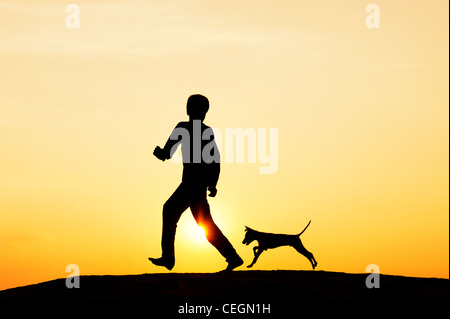 Silhouette des jungen laufen und spielen mit seinen Welpen. Indien Stockfoto