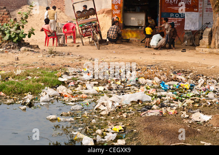 Müll in die Wandergruppen Abwasser, Vrindavan, Uttar Pradesh, Indien Stockfoto