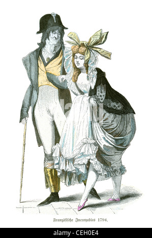 Ein paar in der Mode des französischen Incroyables (unglaublichen) von 1794. Stockfoto