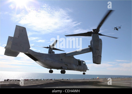 Zwei MV-22B Ospreys von Marine Tiltrotor Squadron 266 verlassen die USS Wasp als Teil der Übung Bold Alligator 2012, nachdem sie von Marines und Ausrüstung zur Unterstützung der Operationen, Jan. 31. Diese Übung, die größte amphibische Übung der Marine in den letzten 10 Jahren, stellt die Revitalisierung der gesamten Palette von amphibischen Operationen der Marine und Marine Corps dar. Die Übung konzentriert sich auf den heutigen Kampf mit den heutigen Kräften und zeigt gleichzeitig die Vorteile des Seerauschens. Diese Übung findet vom 30. Januar bis zum 22. Februar statt 12, 2012 über Wasser und an Land in und um Virginia und North Carolina. Stockfoto