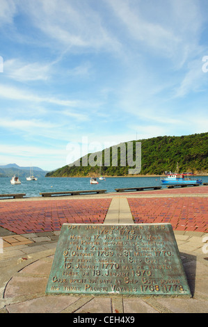 Eine Gedenktafel für Captain Cook am Schiff Bucht in der Nähe von Picton in Neuseeland Stockfoto