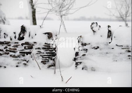 Eine Lücke in einer Steinmauer Cotswold in Schneeverhältnissen UK Stockfoto