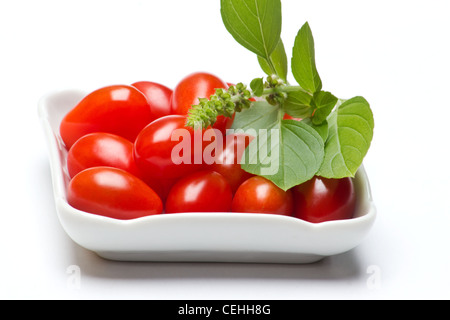 Frische Tomaten und einem Zweig Basilikum auf weißem Hintergrund. Stockfoto