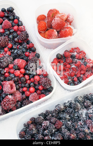 Kunststoffbehälter der gefrorene gemischte Beeren im Schnee - Stillleben Stockfoto