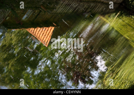 Reflexionen von grünen Bäumen in einem flachen Rill Wasser. Wasserspiel im Garten. Abstrakten Blick auf Wasser. Stockfoto