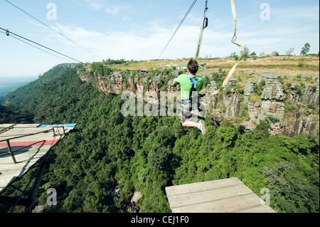 Tourist unter springen, Big Swing, Graskop Schlucht, Mpumalanga Stockfoto