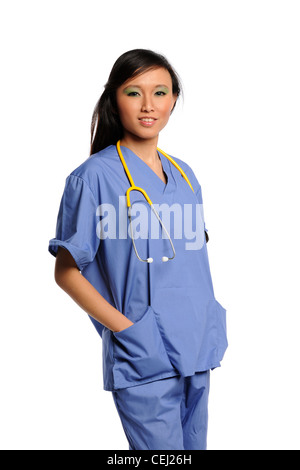 Young Asian Arzt mit Stethoskop isoliert auf weißem Hintergrund Stockfoto