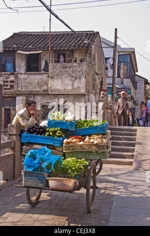 Mann, Verkauf von Gemüse in einer Straße von Mudu in der Nähe von Suzhou (China) Stockfoto