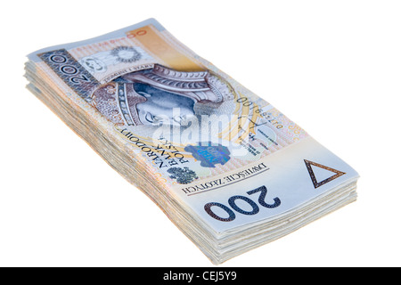 Stapel von zweihundert polnischen Złoty-Banknoten isoliert auf weißem Hintergrund Stockfoto