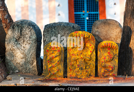 Hindu Altar Steinen in einem Tempel indische Vishnu Gottheit in der südindischen Landschaft darstellt. Andhra Pradesh, Indien Stockfoto