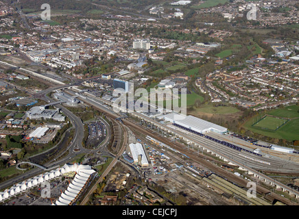 Luftaufnahme des Bahnhofs Ashford & Hitachi Rail Europe Ltd Ashford, Kent Stockfoto