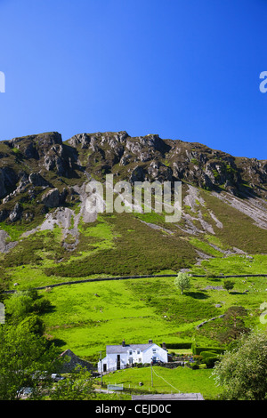 Wales, Gwynedd, Snowdonia-Nationalpark, Bauernhaus und Berge Stockfoto