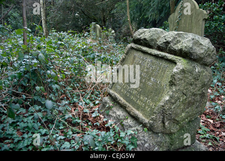 überwucherten Grabsteine auf dem alten Barnes Cemetery in Südwesten von London, einem stillgelegten Friedhof an die Natur zurückgegeben wird Stockfoto